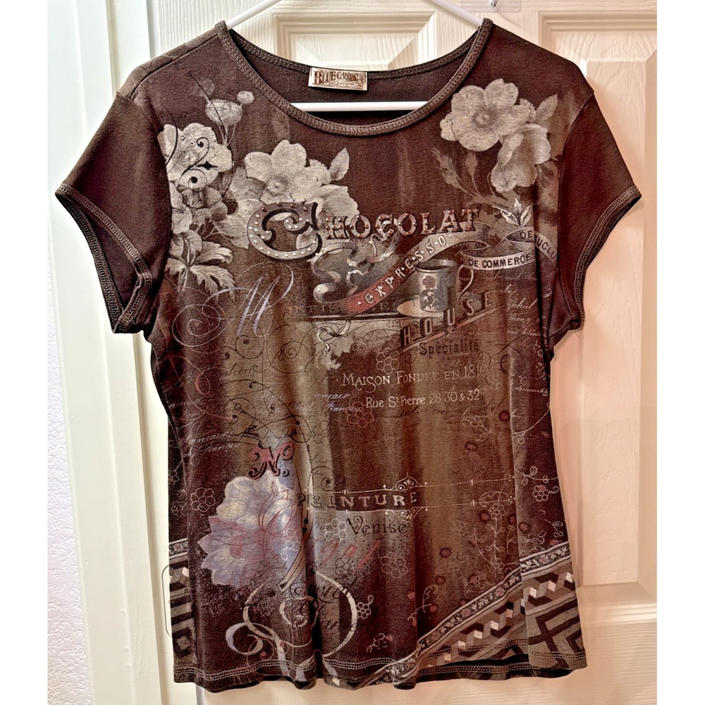 Blue Canyon Womens Chocolat Expresso Graphic Top Brown Floral Rhinestone XL